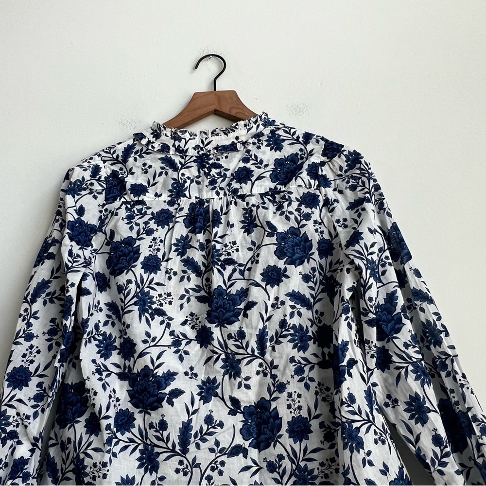 Talbots Popover Petite S Vibrant Floral Ruffle Trim Blouse Blue Coquette Cottage - Picture 10 of 11